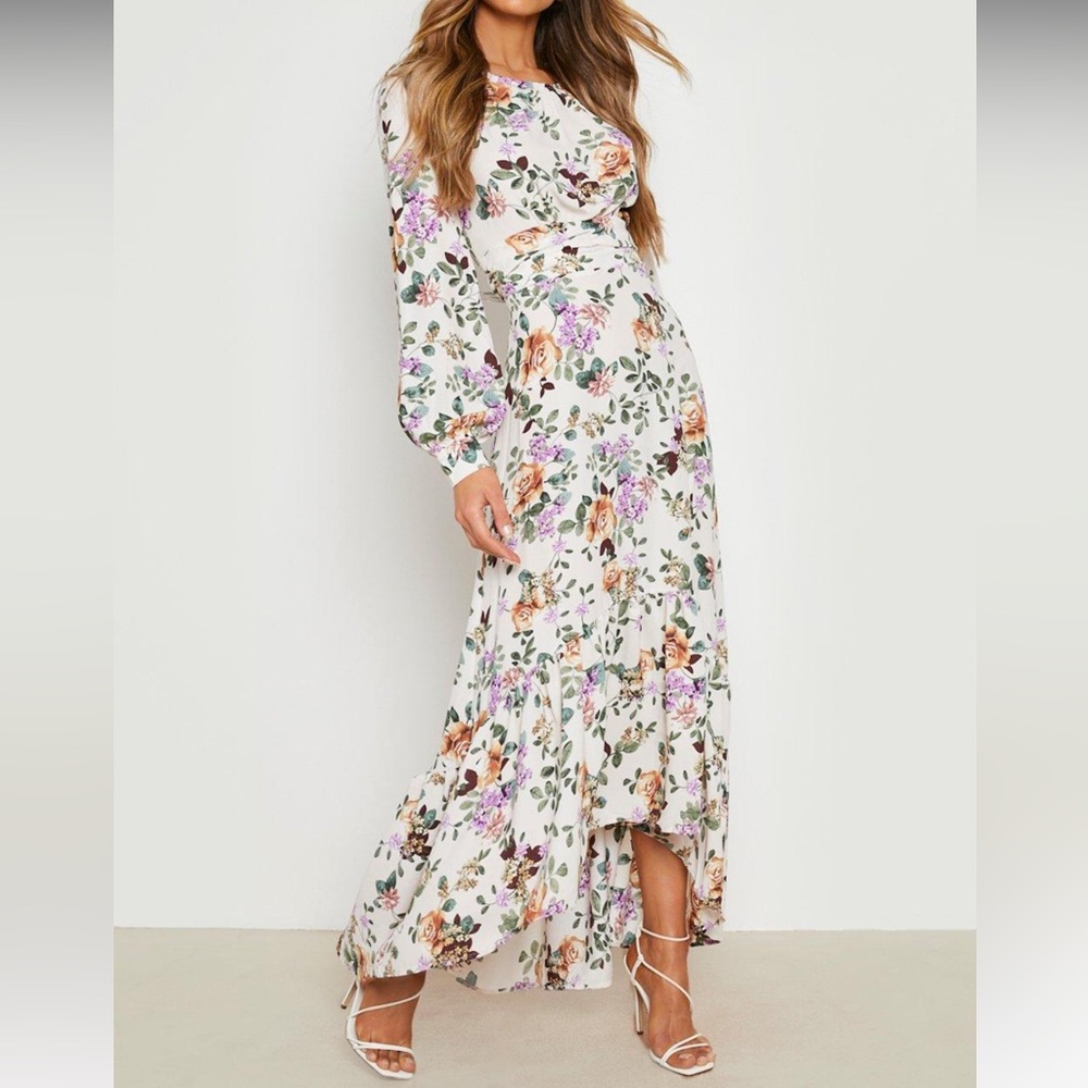 BOOHOO Floral Drop Hem Ruched Maxi Dress
